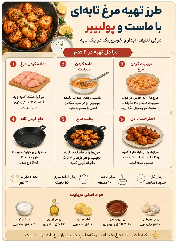 اینفوگرافی طرز تهیه مرغ تابه ای با ماست و پولبیبر نامی