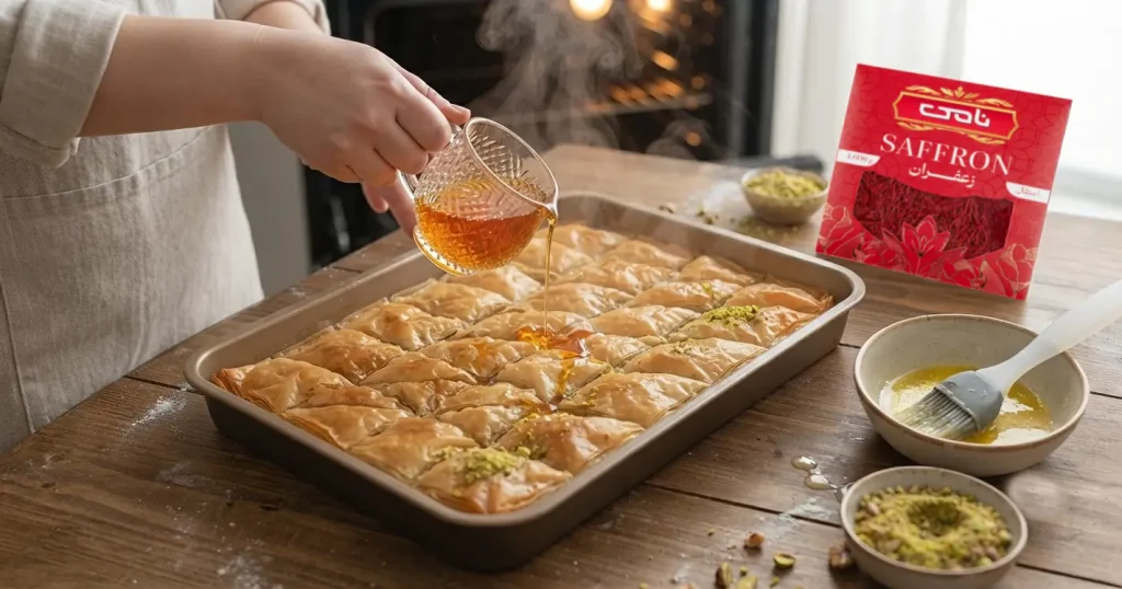 طرز تهیه باقلوا زعفرانی مرحله چهارم