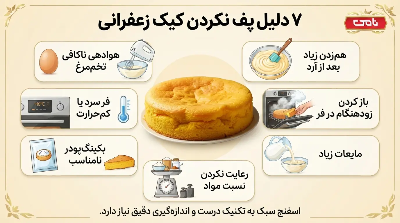 اینفوگرافی ۷ دلیل پف نکردن کیک زعفرانی اسفنجی