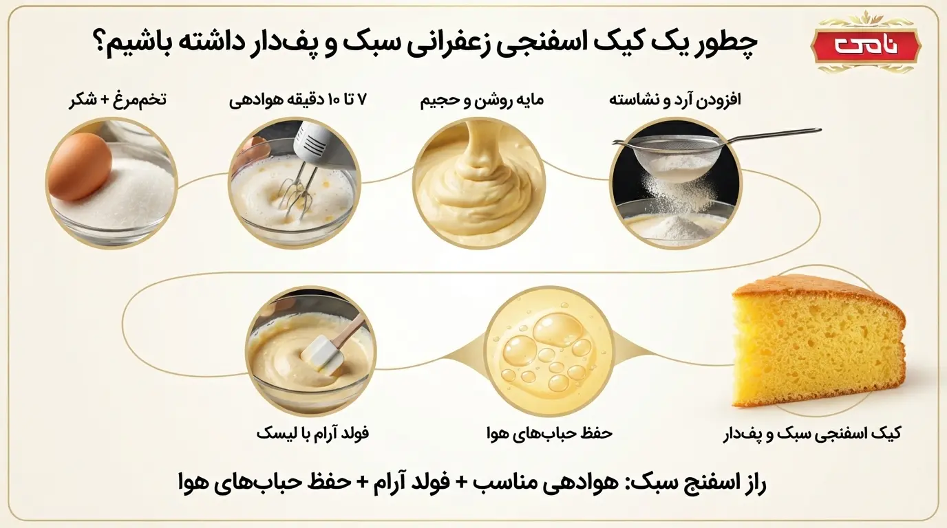 اینفوگرافی مراحل تهیه کیک زعفرانی اسفنجی